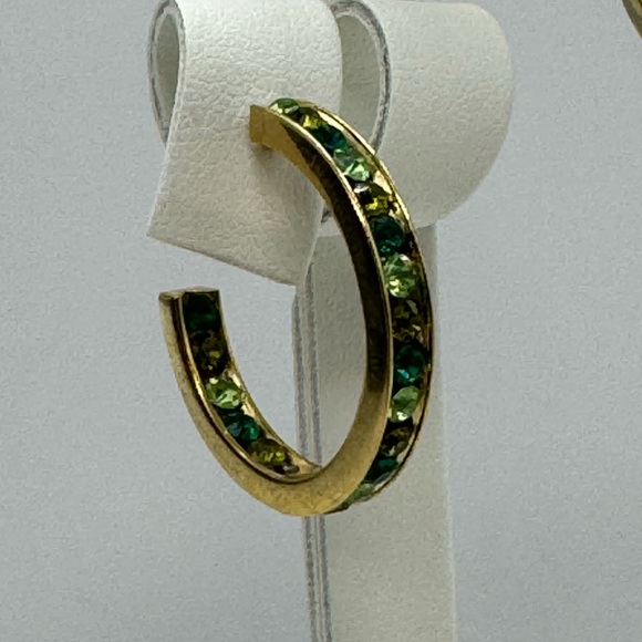 Shades of Green Crystals In/Out Gold Hoop Earrings Made w/ Swarovski Crystals - Picture 5 of 10